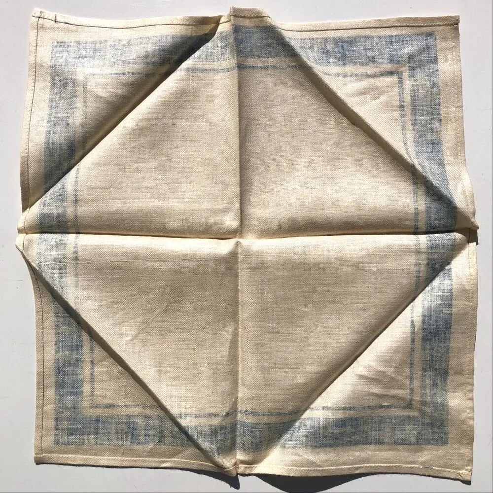 vintage Linen Napkins Cream with Blue Border 1950's set of 4 AS IS with stains